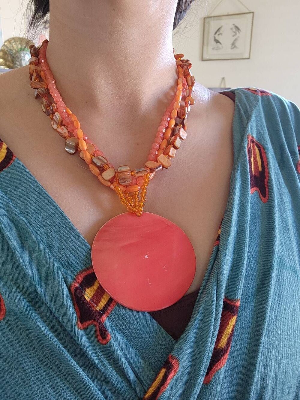 Orange bead necklace coral beach y2k 3 strand large circle pendant sun tropical